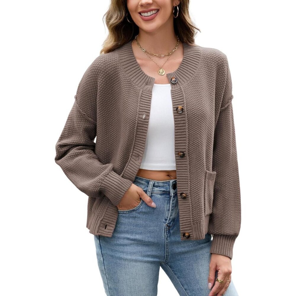 Women's Cropped Cardigan Sweater Soft Knitted Pockets Button-Down Casual
